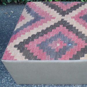 OTTOMAN POOF  KILIM RUG TOP  VINYL SUROUNDINGS  24'' X 24'' X 12''   FIRM SEAT